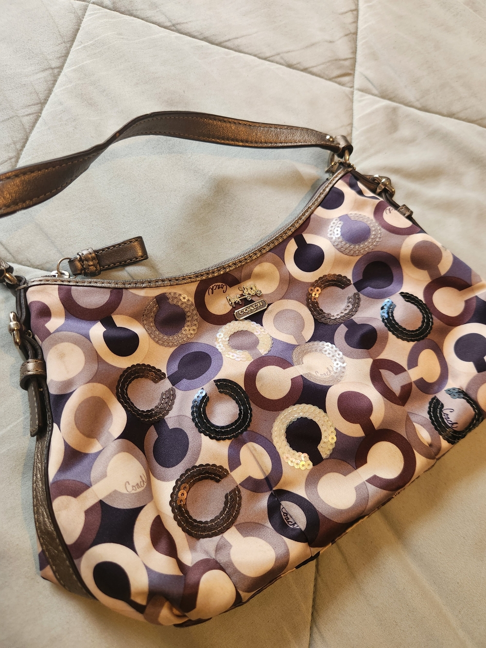 Look-a-like Coach Purple & Cream Printed Shoulder Bag with Sequin Accents